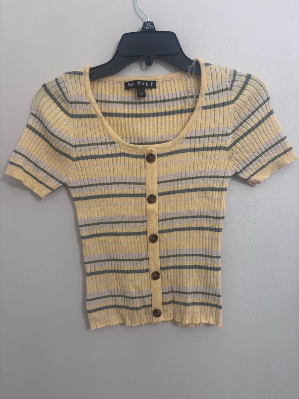 Say What? Yellow Striped Ribbed Button-Front Short Sleeve Top